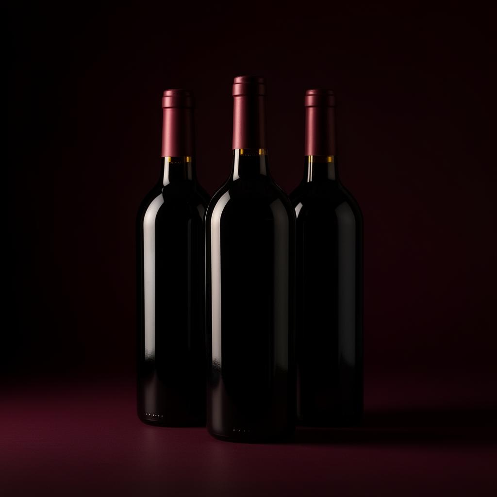 Tres botellas de vino en penumbra