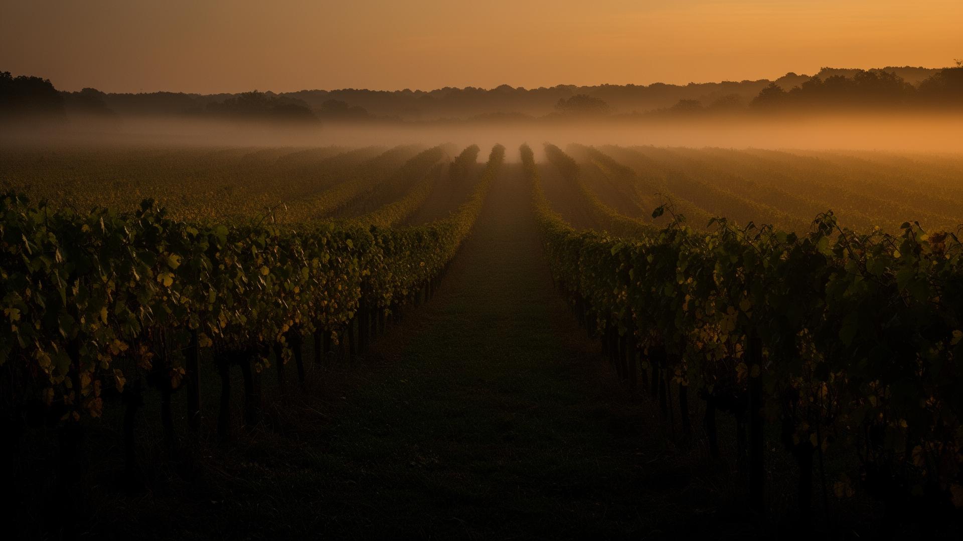 Viñedo al atardecer entre la niebla